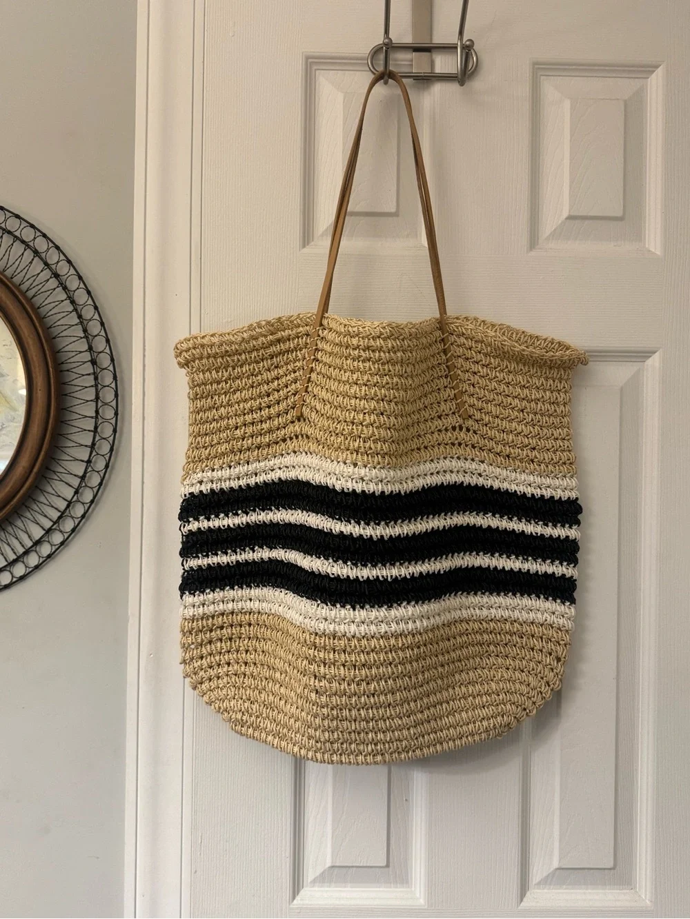 Aqua Natural Straw Tote with Black & White Stripes
